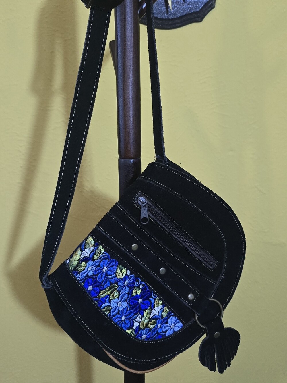 ESIL Made In Equador Black Crossbody Bag with Blue Suede Floral Embroidery